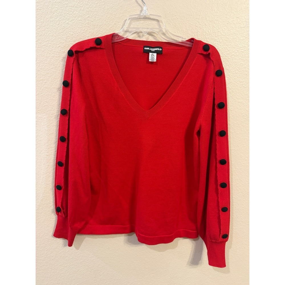Karl Lagerfeld Paris V-Neck Sweater Womens Medium Red Excellent Button Sleeve